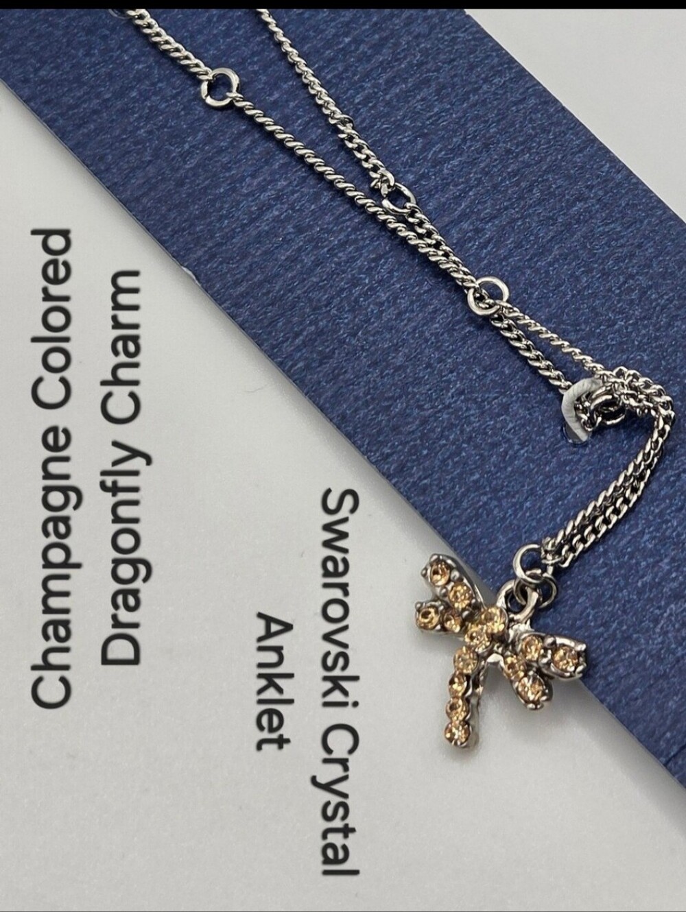 Crystal Anklet Swarovski Elements Champagne Dragonfly Charm Silver Tone NWT